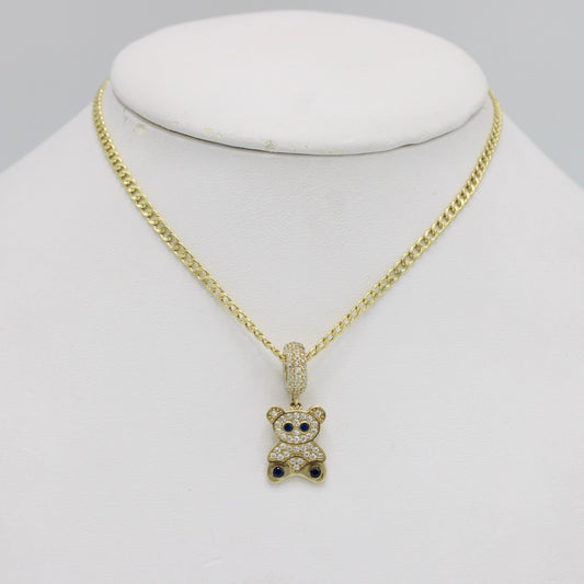 14K Teddy Bear Charm Cz Stones With Flat Cuban Chain Yellow Gold