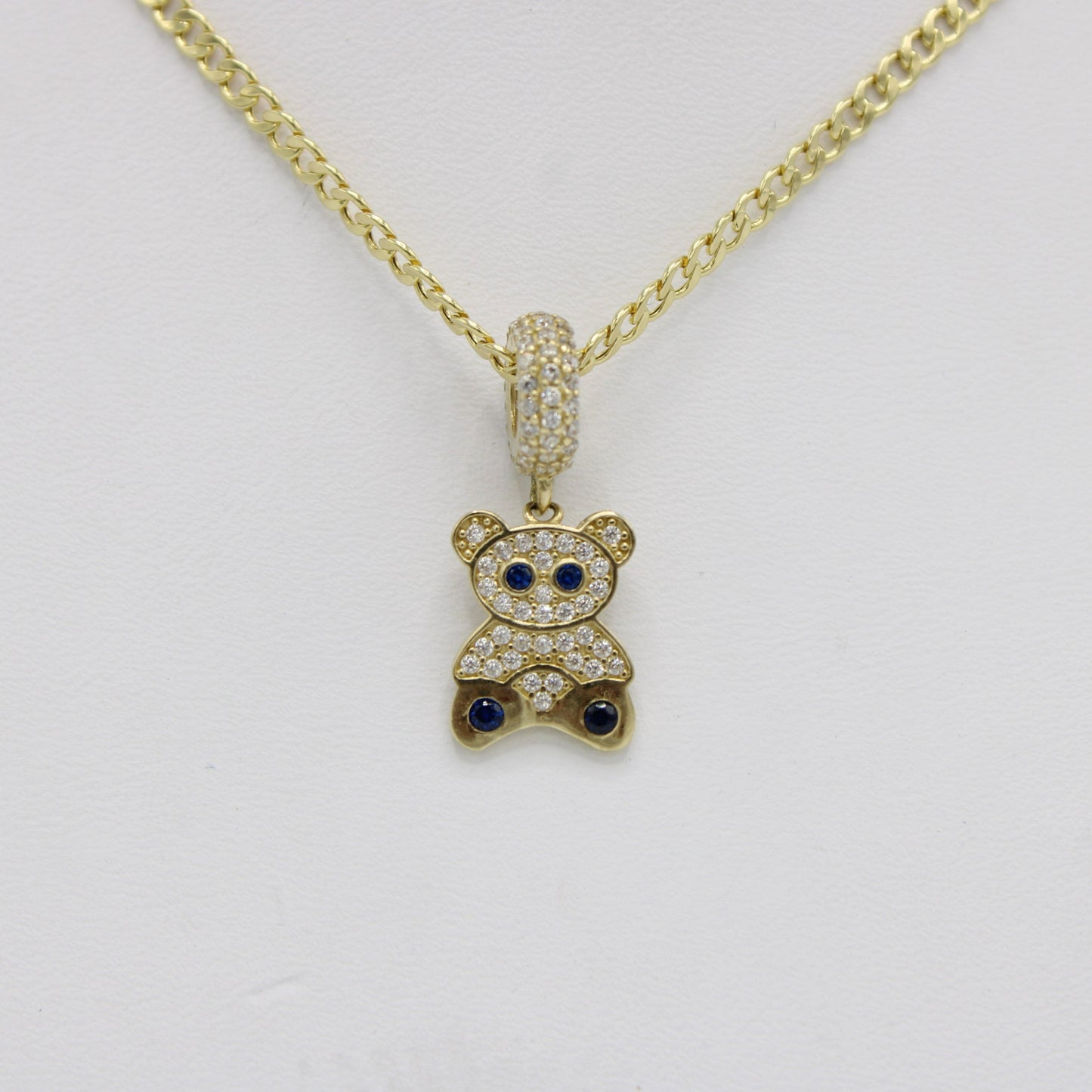 14K Teddy Bear Charm Cz Stones With Flat Cuban Chain Yellow Gold