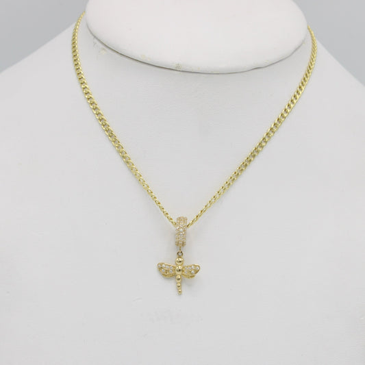 14K Dragon-Fly Charm Cz Stones With Flat Cuban Chain Yellow Gold