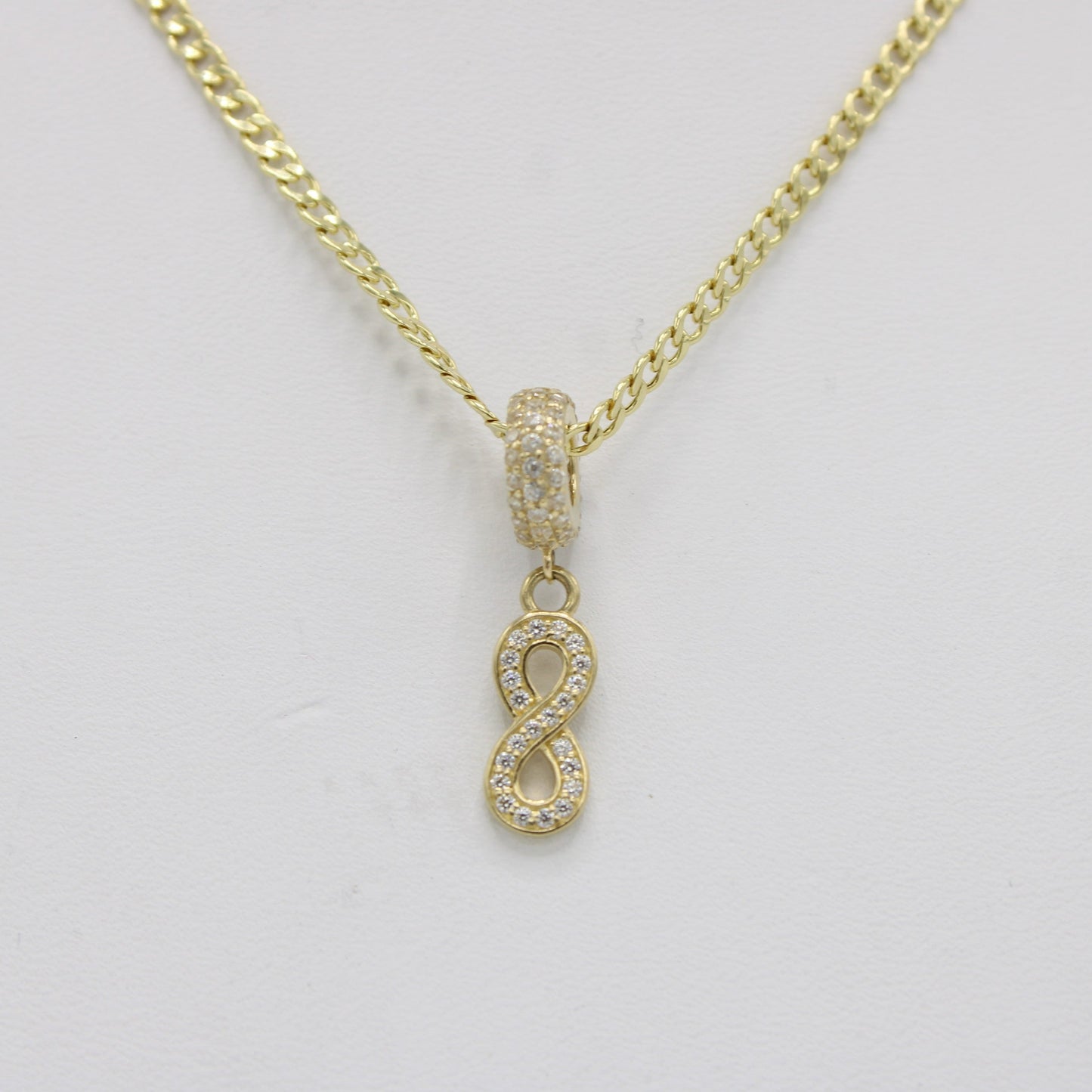 14K Infinity Charm Cz Stones With Flat Cuban Chain Yellow Gold