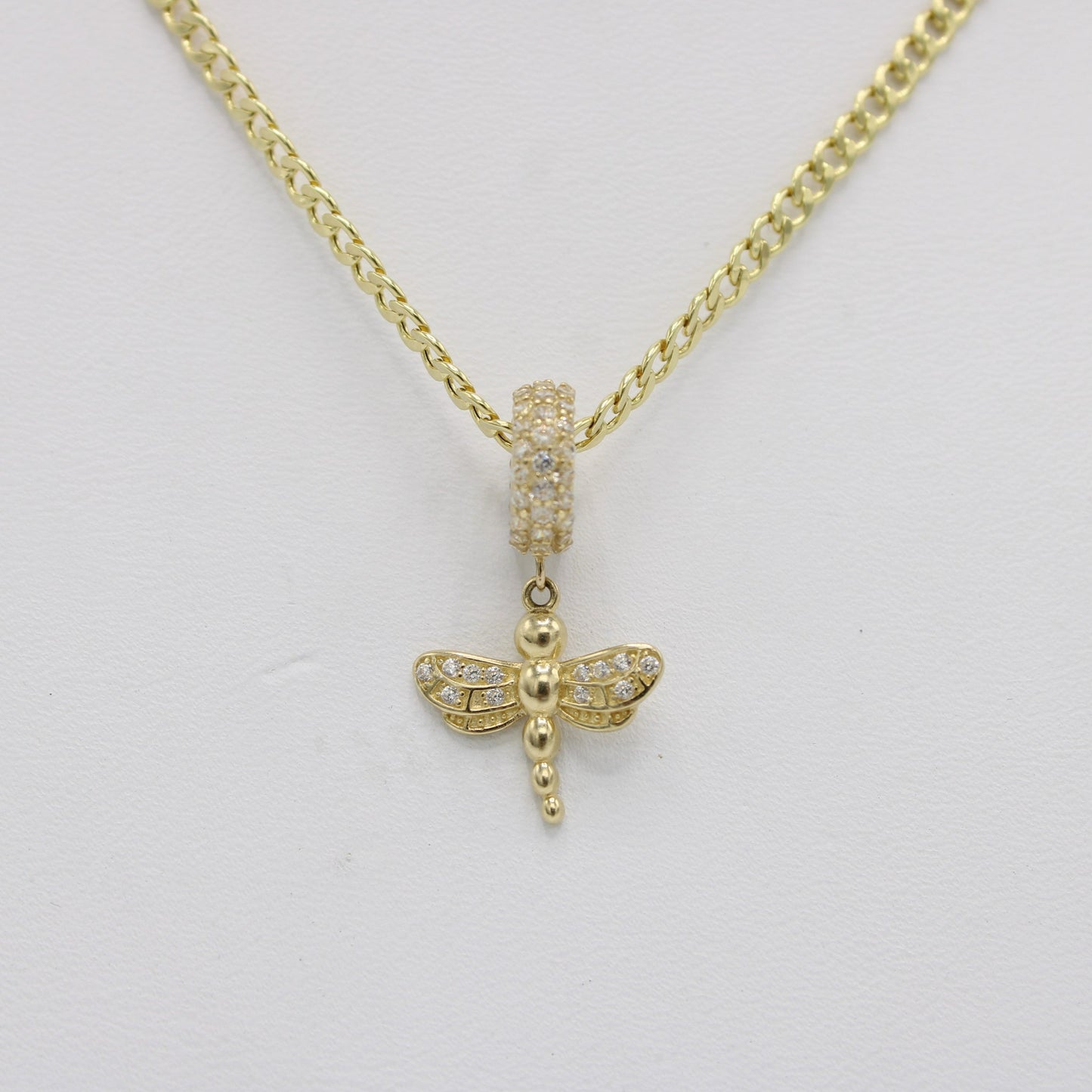 14K Dragon-Fly Charm Cz Stones With Flat Cuban Chain Yellow Gold
