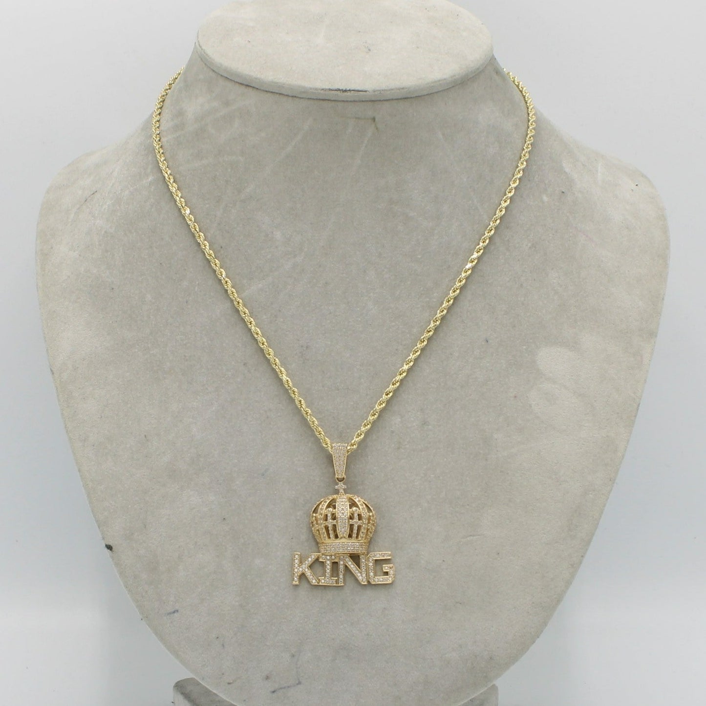 14K Crown King Pendant Cz Stones With Rope Chain Yellow Gold