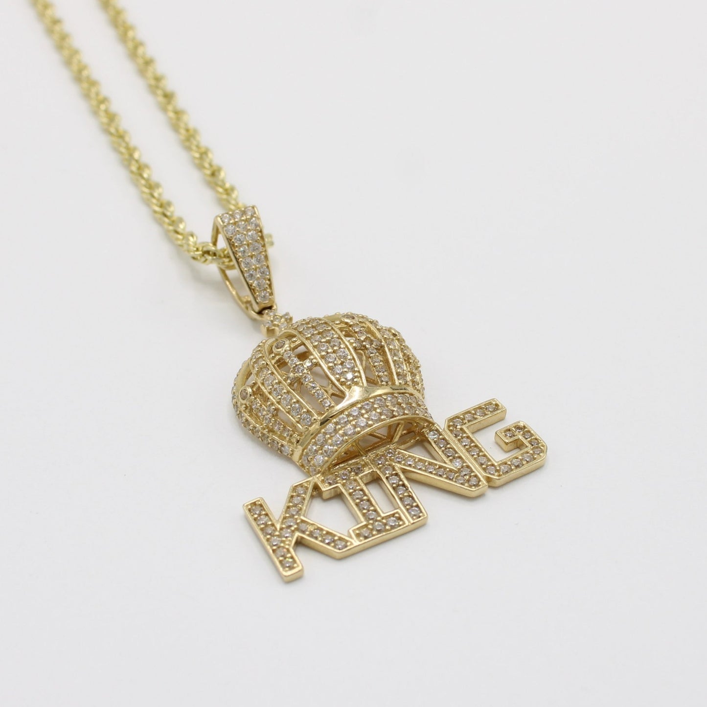 14K Crown King Pendant Cz Stones With Rope Chain Yellow Gold