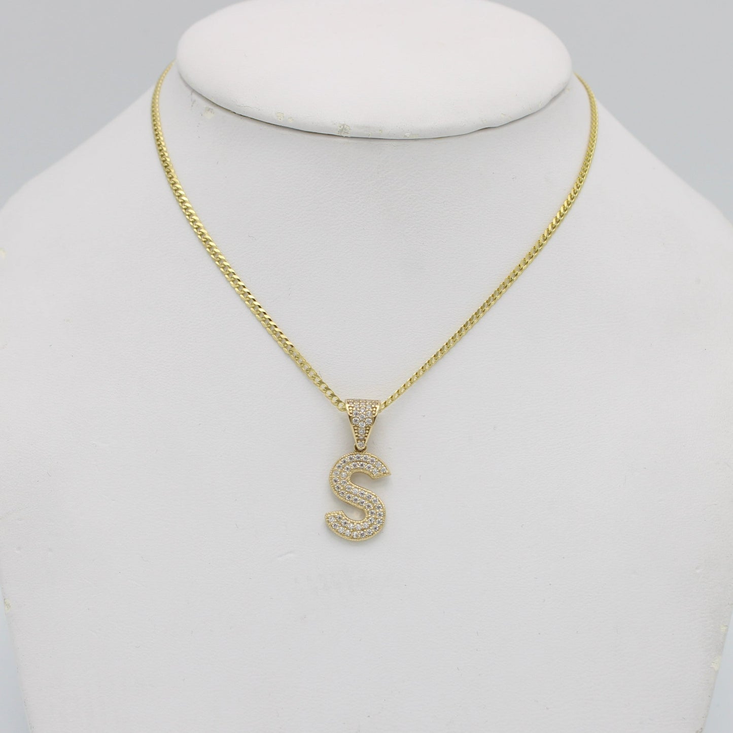 14K Initial Name (S) Cz Stones With Solid Flat Cuban Chain Yellow Gold