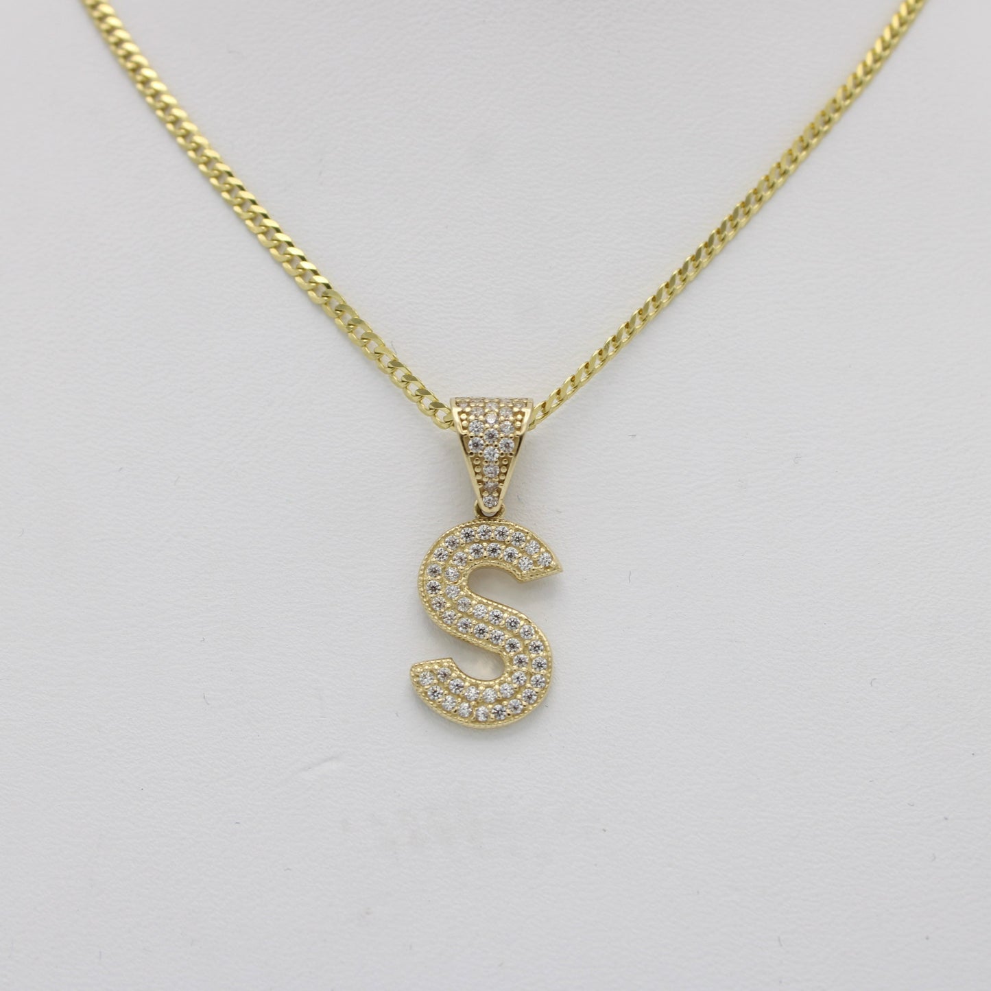 14K Initial Name (S) Cz Stones With Solid Flat Cuban Chain Yellow Gold