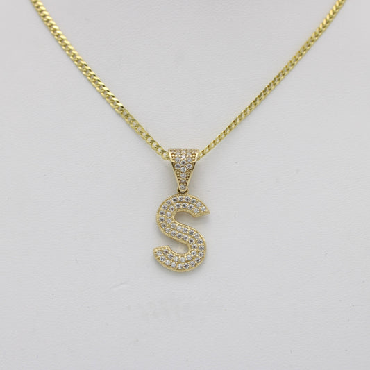 14K Initial Name (S) Cz Stones With Solid Flat Cuban Chain Yellow Gold