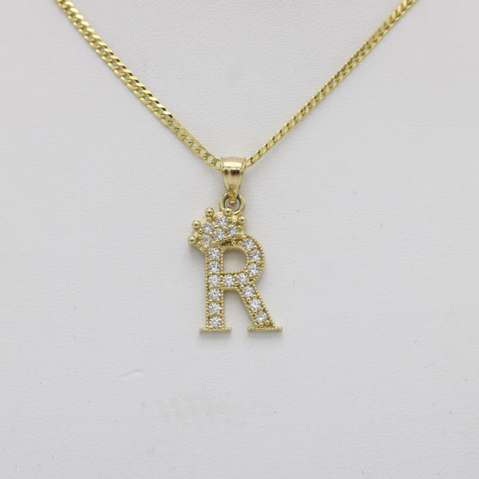 14K Crown Initial Name (R) Cz Stones With Solid Flat Cuban Chain Yellow Gold