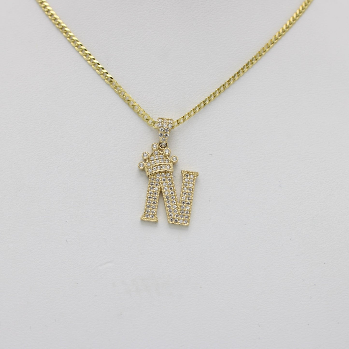 14K Crown Initial Name (N) Cz Stones With Solid Flat Cuban Chain Yellow Gold