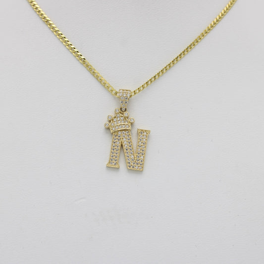 14K Crown Initial Name (N) Cz Stones With Solid Flat Cuban Chain Yellow Gold