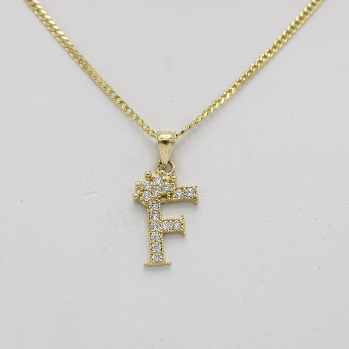 14K Crown Initial Name (F) Cz Stones With Solid Flat Cuban Chain Yellow Gold