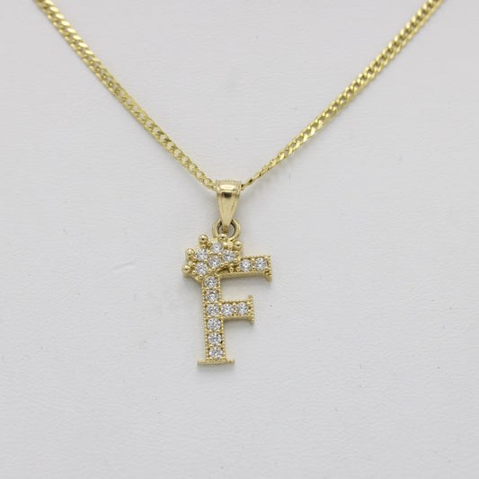 14K Crown Initial Name (F) Cz Stones With Solid Flat Cuban Chain Yellow Gold