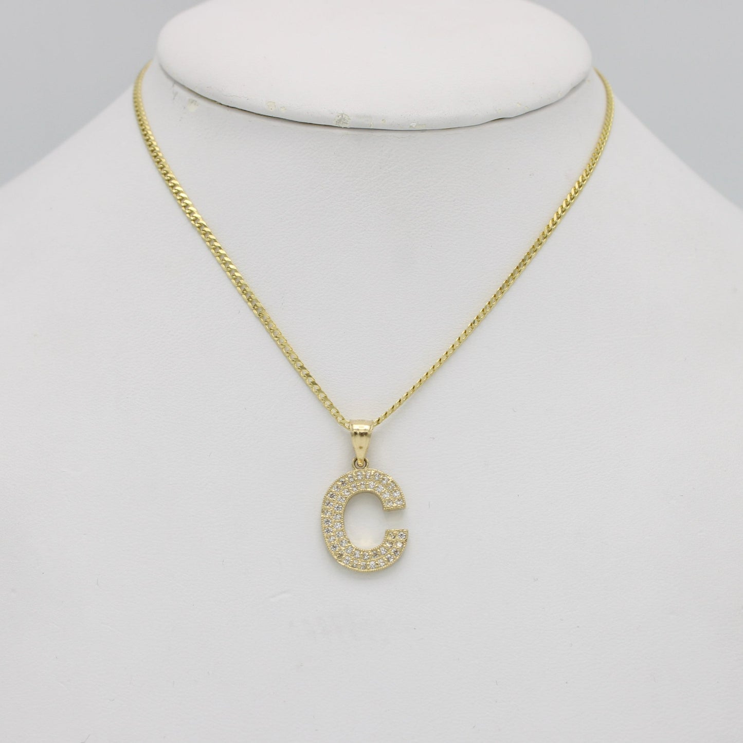 14K Initial Name (C) Cz Stones With Solid Flat Cuban Chain Yellow Gold