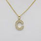 14K Initial Name (C) Cz Stones With Solid Flat Cuban Chain Yellow Gold