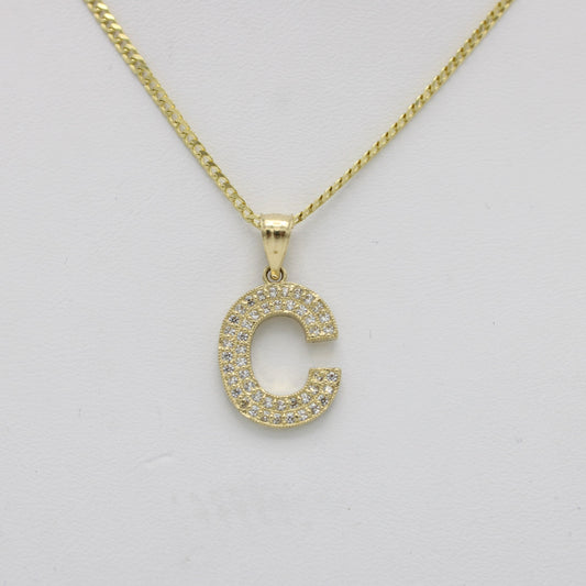 14K Initial Name (C) Cz Stones With Solid Flat Cuban Chain Yellow Gold