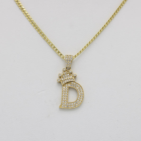 14K Crown Initial Name (D) Cz Stones With Solid Flat Cuban Chain Yellow Gold