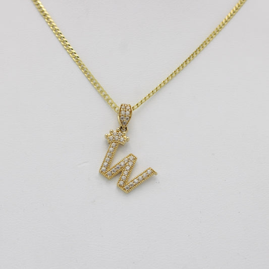 14K Crown Initial Name (W) Cz Stones With Solid Flat Cuban Chain Yellow Gold