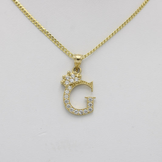 14K Crown Initial Name (G) Cz Stones With Solid Flat Cuban Chain Yellow Gold