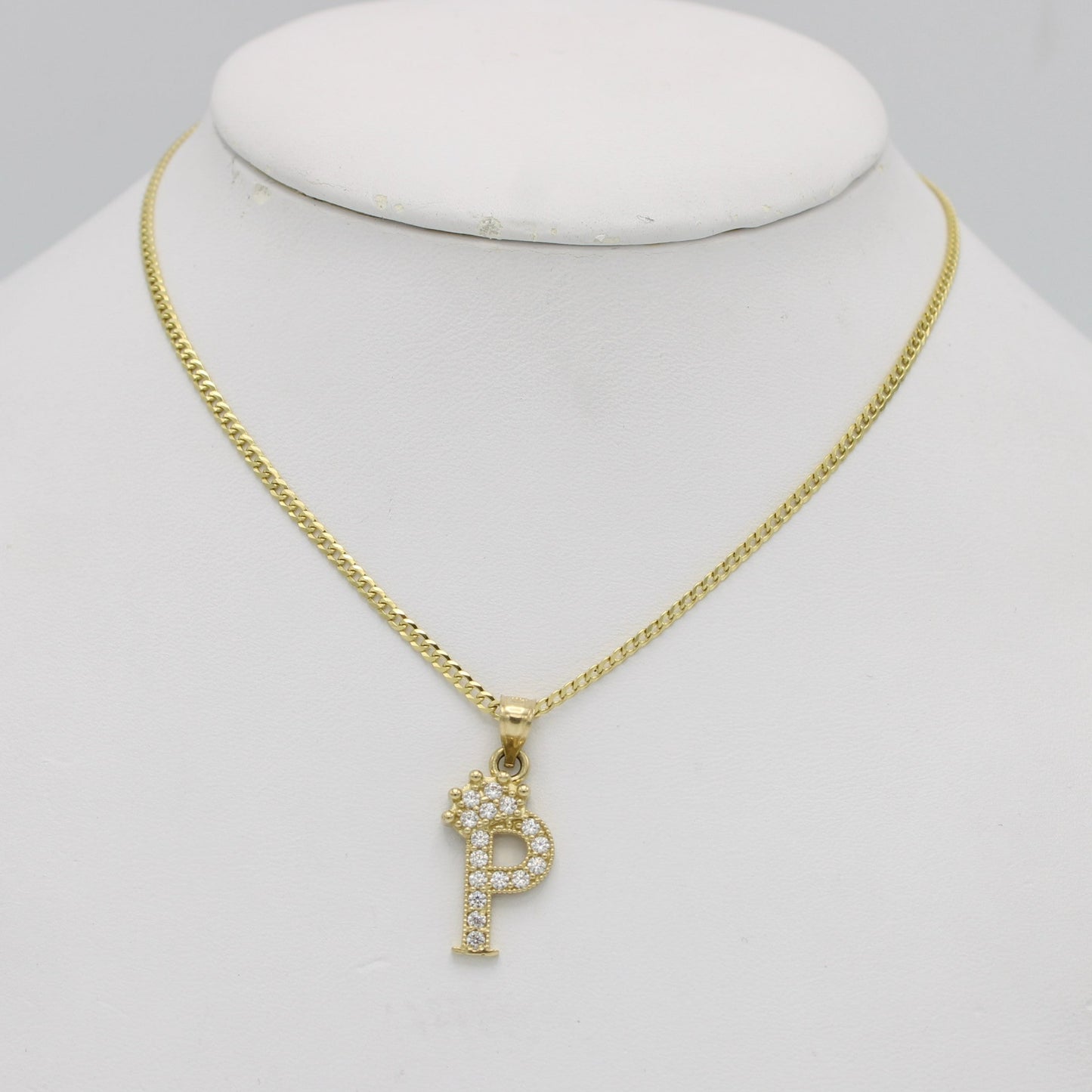 14K Crown Initial Name (P) Cz Stones With Solid Flat Cuban Chain Yellow Gold