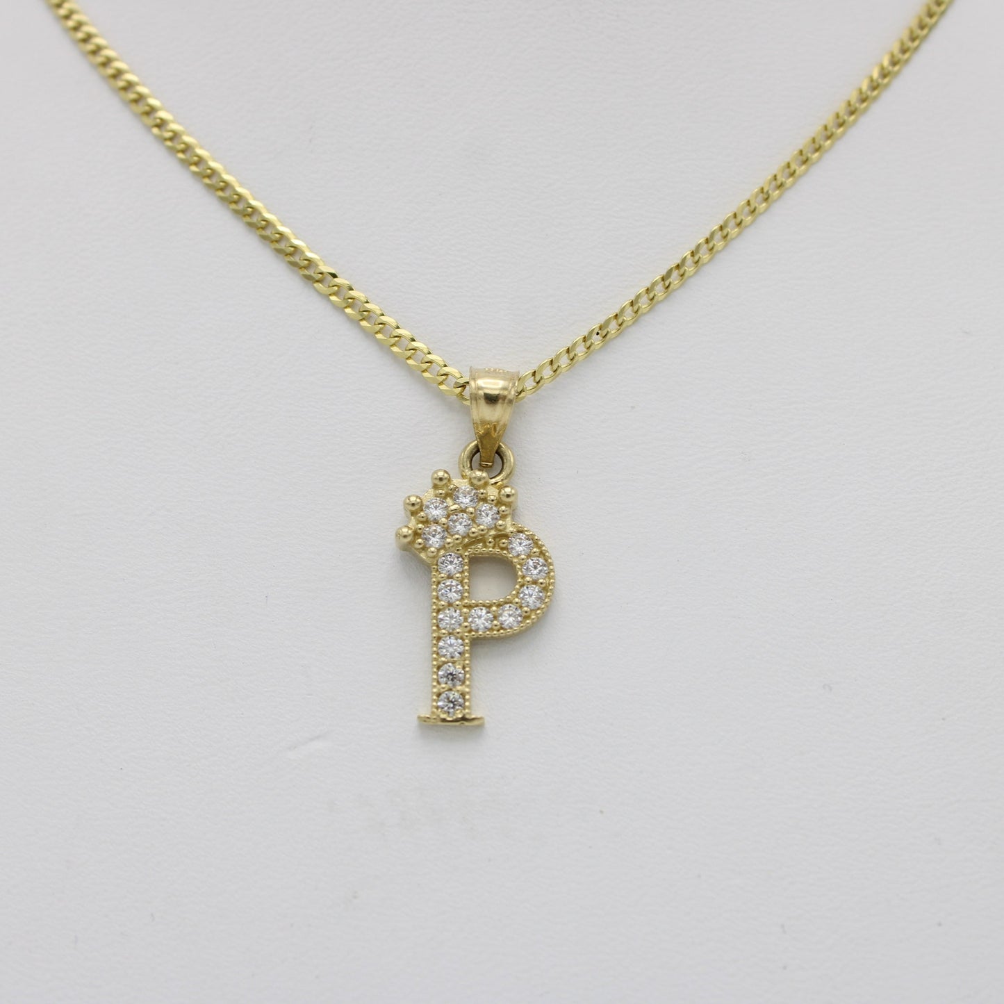 14K Crown Initial Name (P) Cz Stones With Solid Flat Cuban Chain Yellow Gold