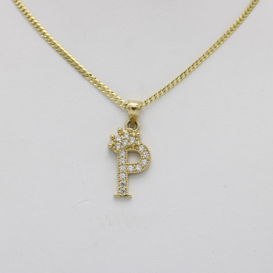 14K Crown Initial Name (P) Cz Stones With Solid Flat Cuban Chain Yellow Gold