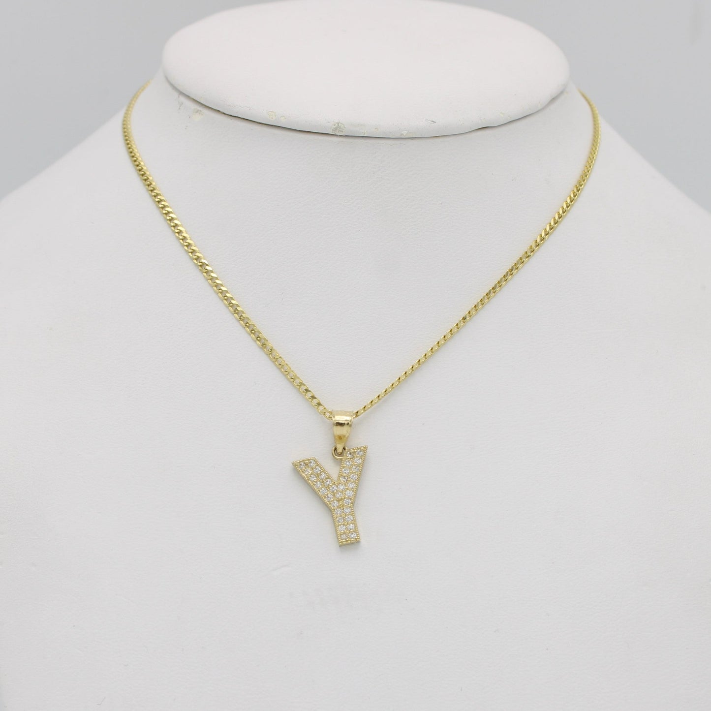14K Initial Name (Y) Cz Stones With Solid Flat Cuban Chain Yellow Gold