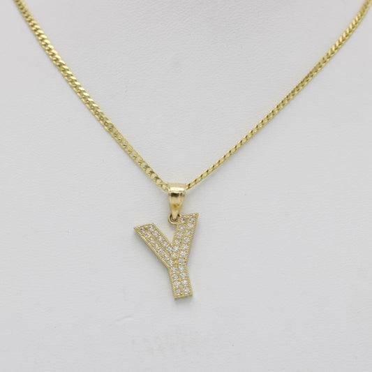 14K Initial Name (Y) Cz Stones With Solid Flat Cuban Chain Yellow Gold