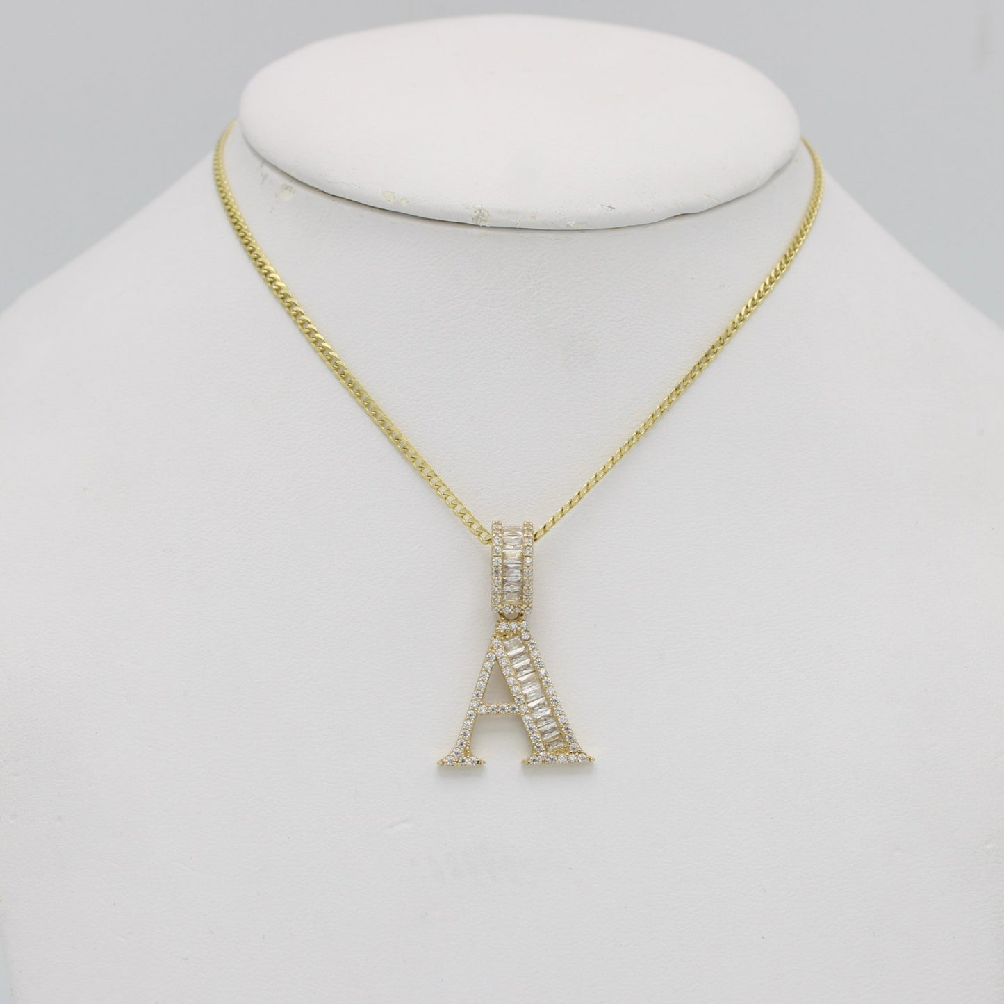 14K Initial Name (A) Cz Stones/Baguette With Solid Flat Cuban Chain Yellow Gold
