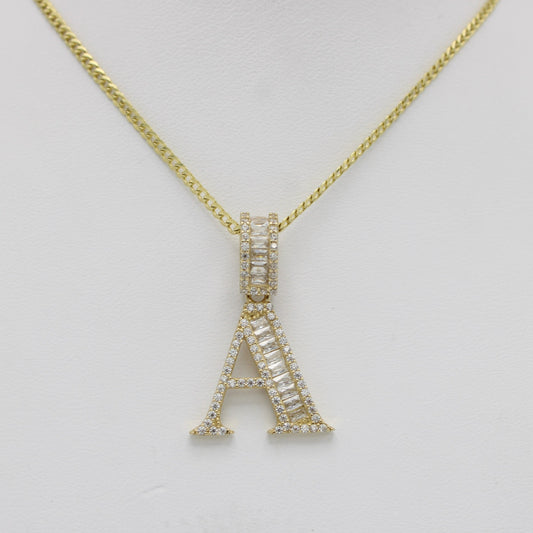 14K Initial Name (A) Cz Stones/Baguette With Solid Flat Cuban Chain Yellow Gold