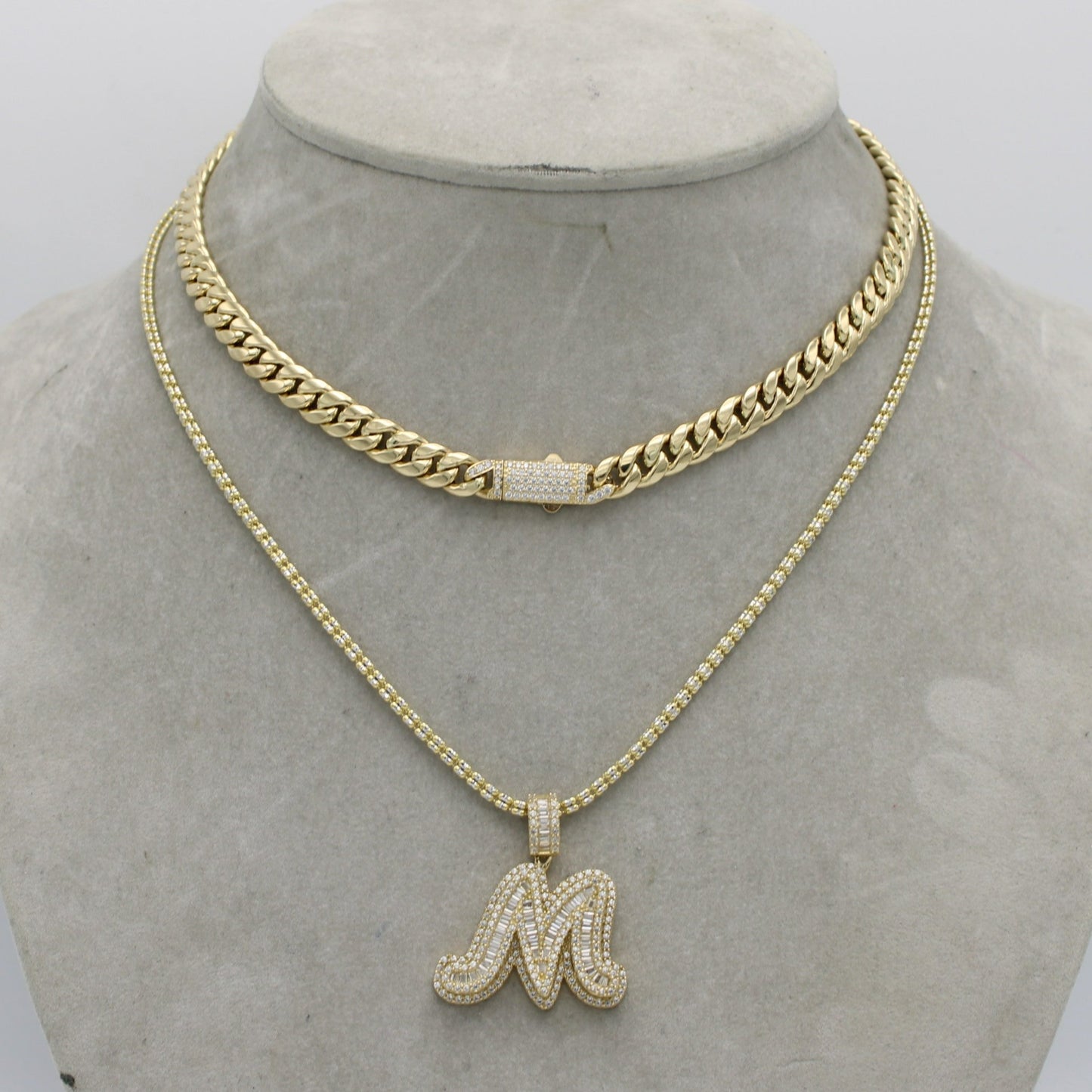 14K Set Choker Miami Cuban Link With Ice ice Chain (20") with Initial Baguette/Cz Stones Yellow Gold