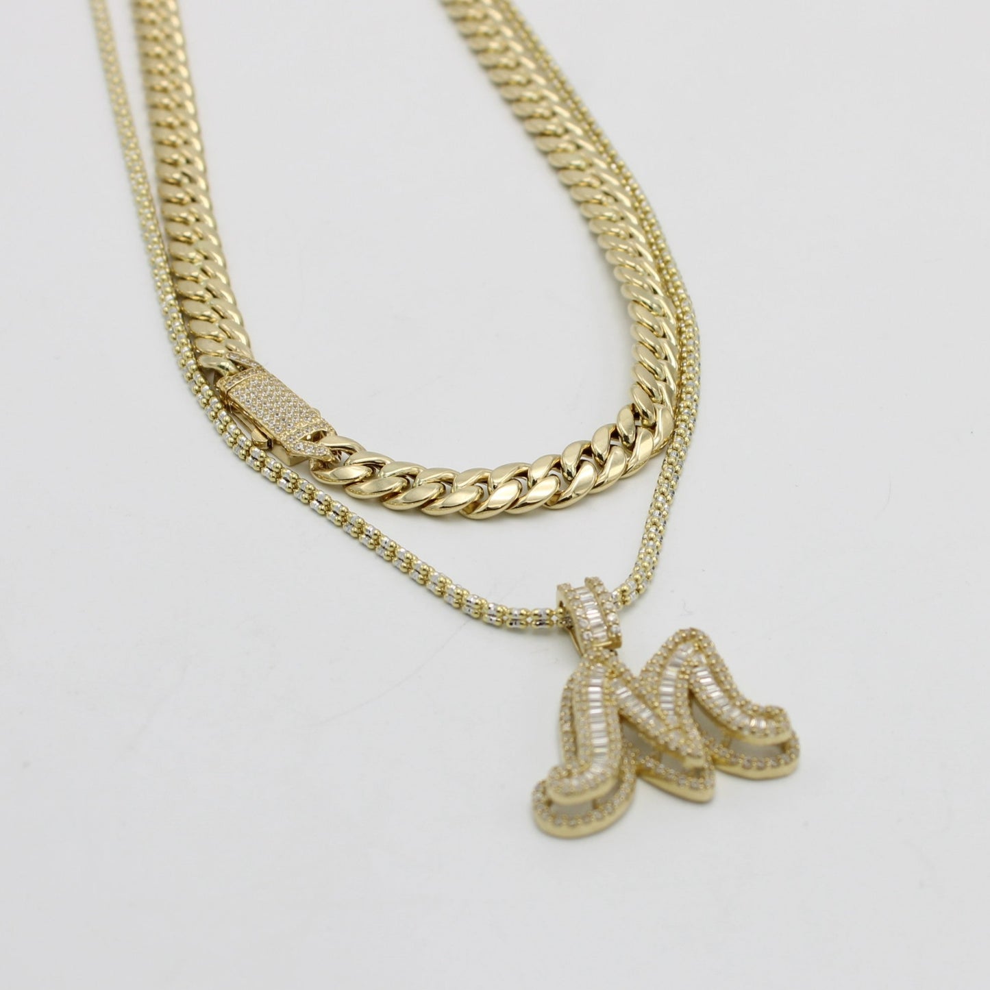 14K Set Choker Miami Cuban Link With Ice ice Chain (20") with Initial Baguette/Cz Stones Yellow Gold