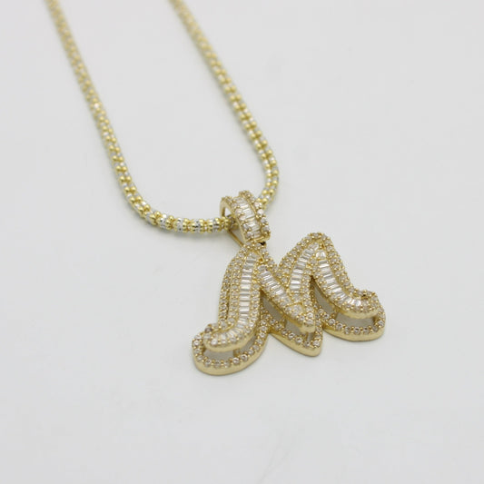 14K Initial Name (A) Cz Stones/Baguette with Ice Chain Yellow Gold