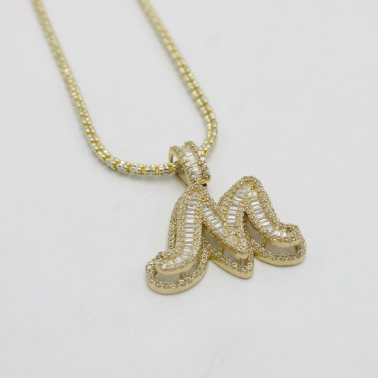 14K Initial Name (M) Cz Stones/Baguette with Ice Chain Yellow Gold