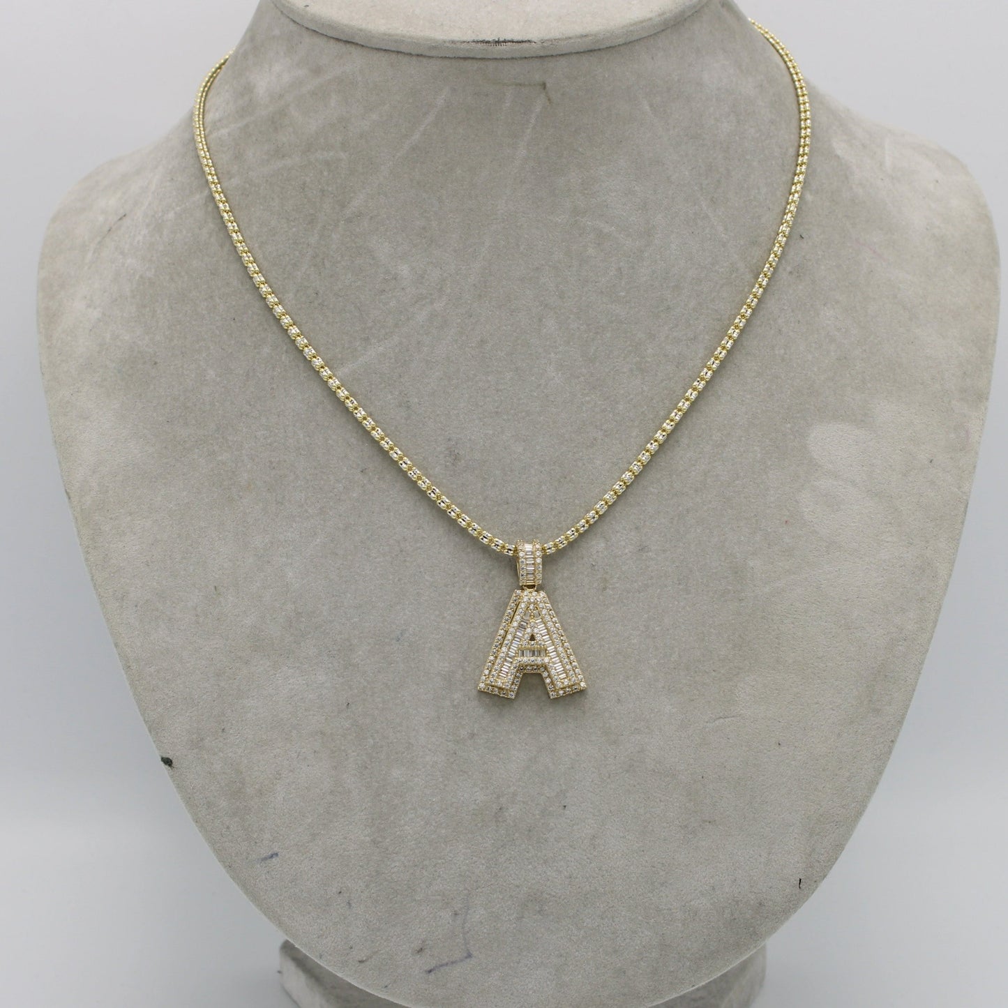 14K Initial Name (A) Cz Stones/Baguette with Ice Chain Yellow Gold
