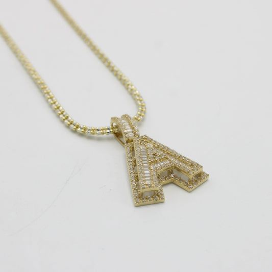 14K Initial Name (A) Cz Stones/Baguette with Ice Chain Yellow Gold