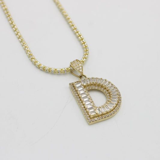 14K Initial Name (D) Cz Stones/Baguette with Ice Chain Yellow Gold