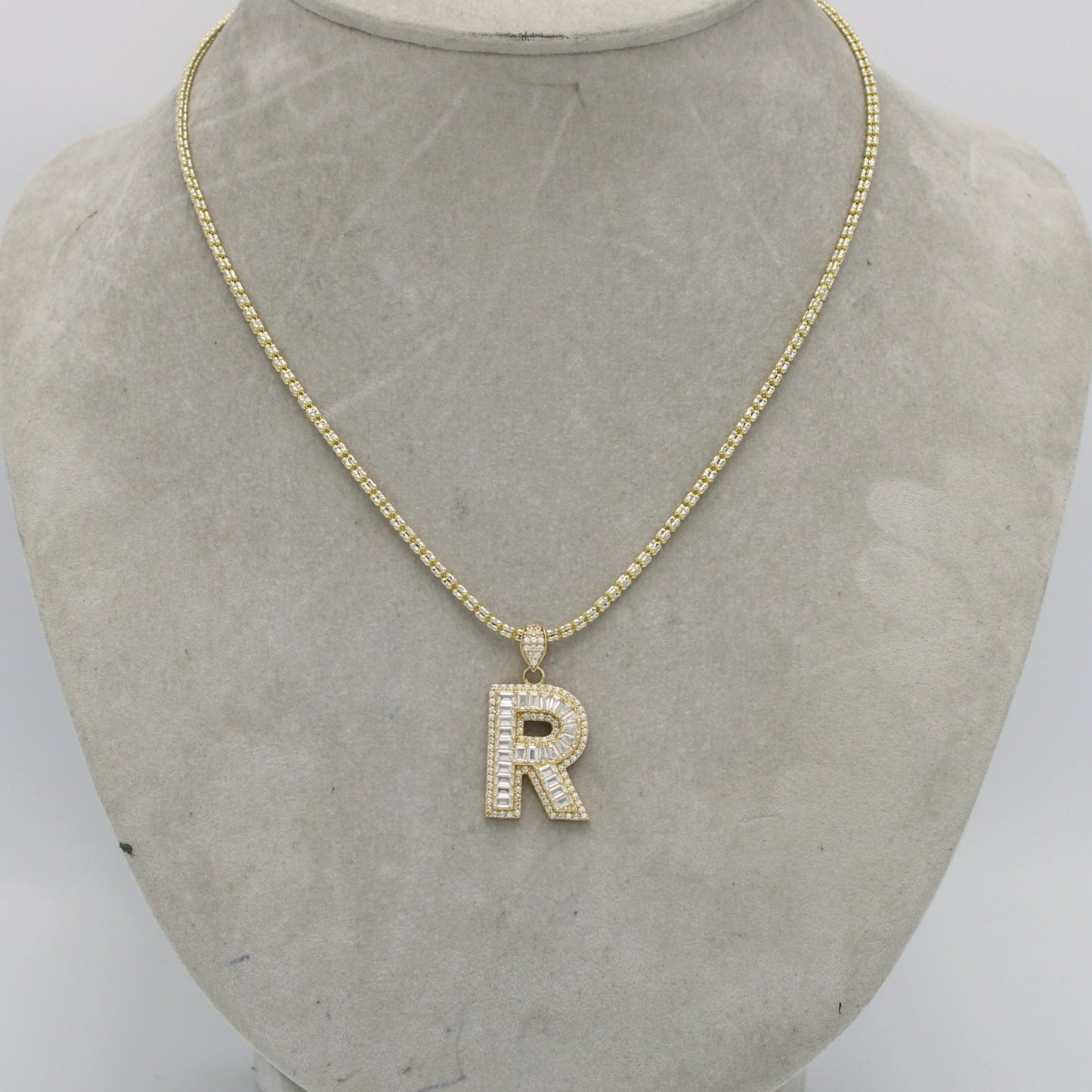 14K Initial Name (R) Cz Stones/Baguette with Ice Chain Yellow Gold