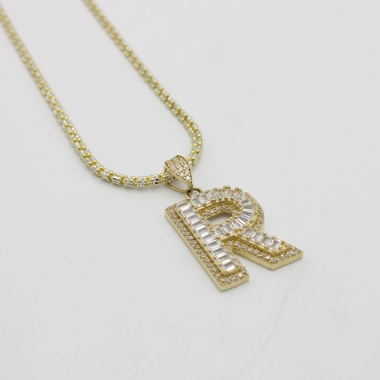 14K Initial Name (R) Cz Stones/Baguette with Ice Chain Yellow Gold