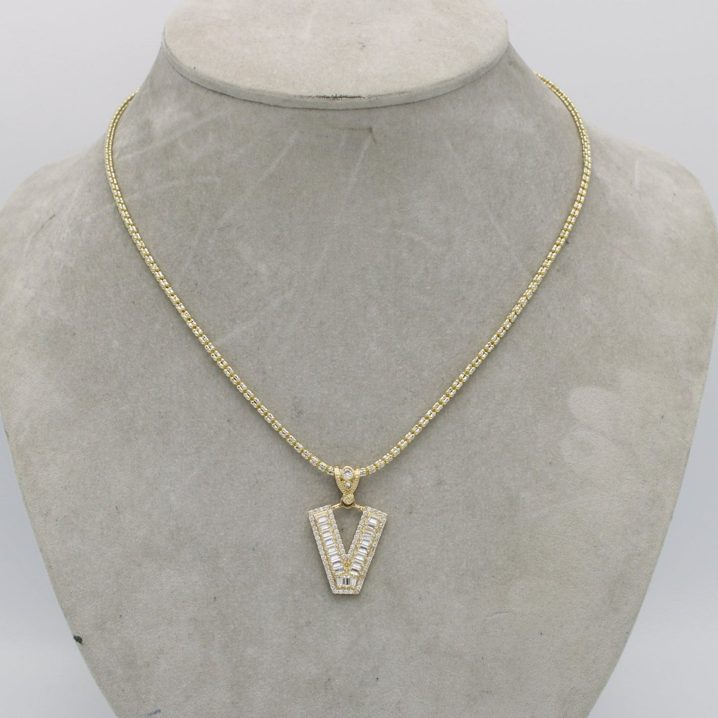 14K Initial Name (V) Cz Stones/Baguette with  Ice Chain Yellow Gold
