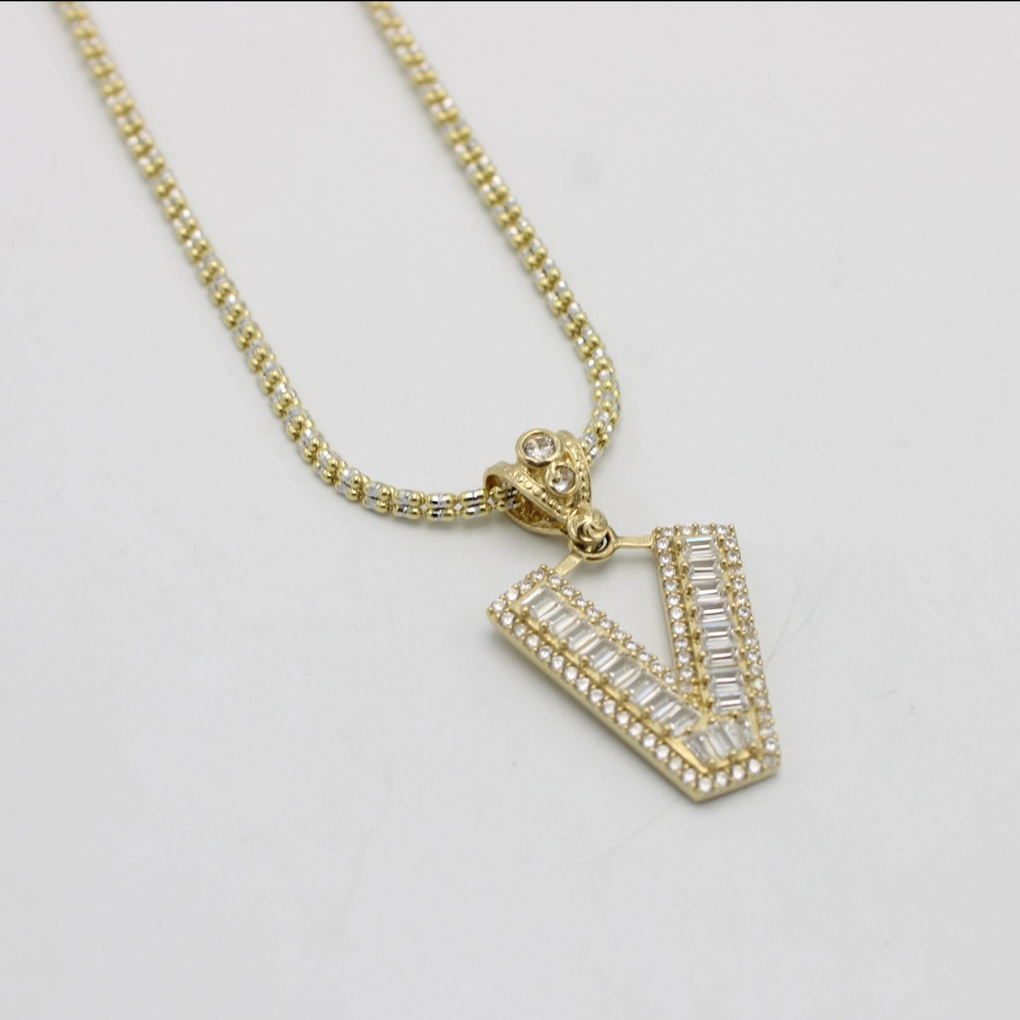 14K Initial Name (V) Cz Stones/Baguette with  Ice Chain Yellow Gold