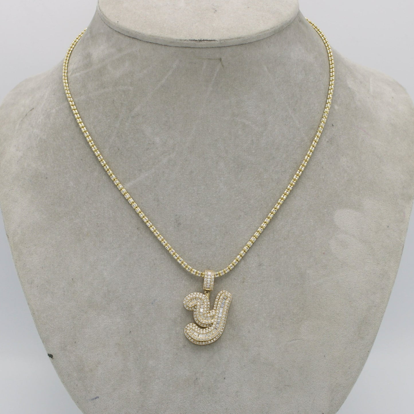 14K Initial Name (Y) Cz Stones/Baguette with Ice Chain Yellow Gold