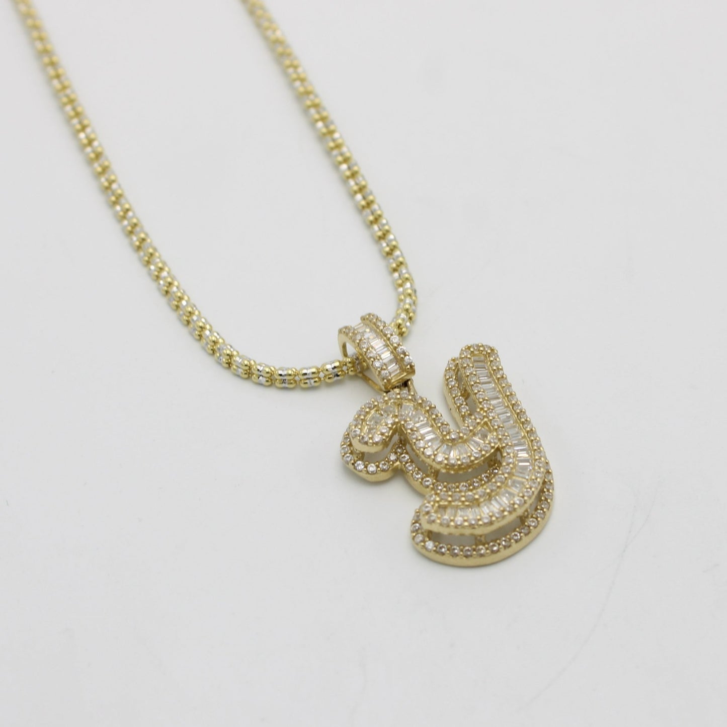 14K Initial Name (Y) Cz Stones/Baguette with Ice Chain Yellow Gold