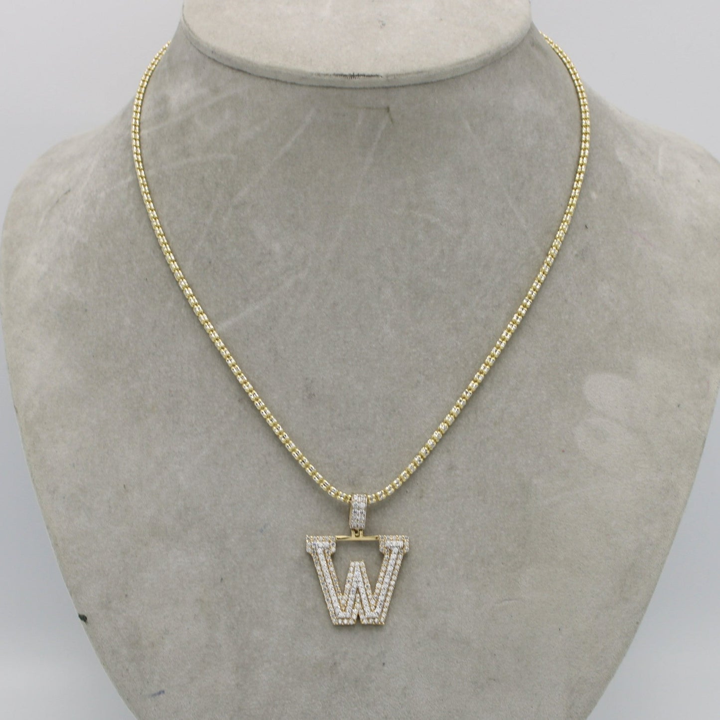 14K Initial Name (W) Cz Stones With Ice Chain Yellow Gold