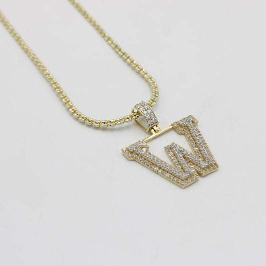 14K Initial Name (W) Cz Stones With Ice Chain Yellow Gold