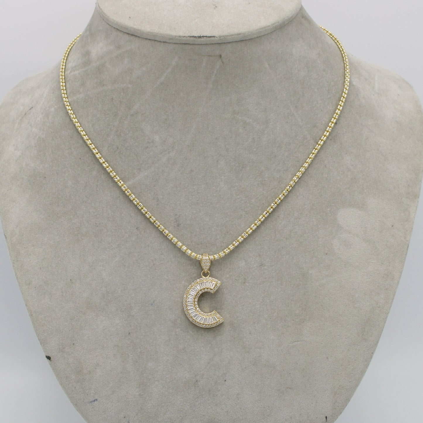 14K Initial Name (C) Cz Stones/Baguette With Ice Chain Yellow Gold