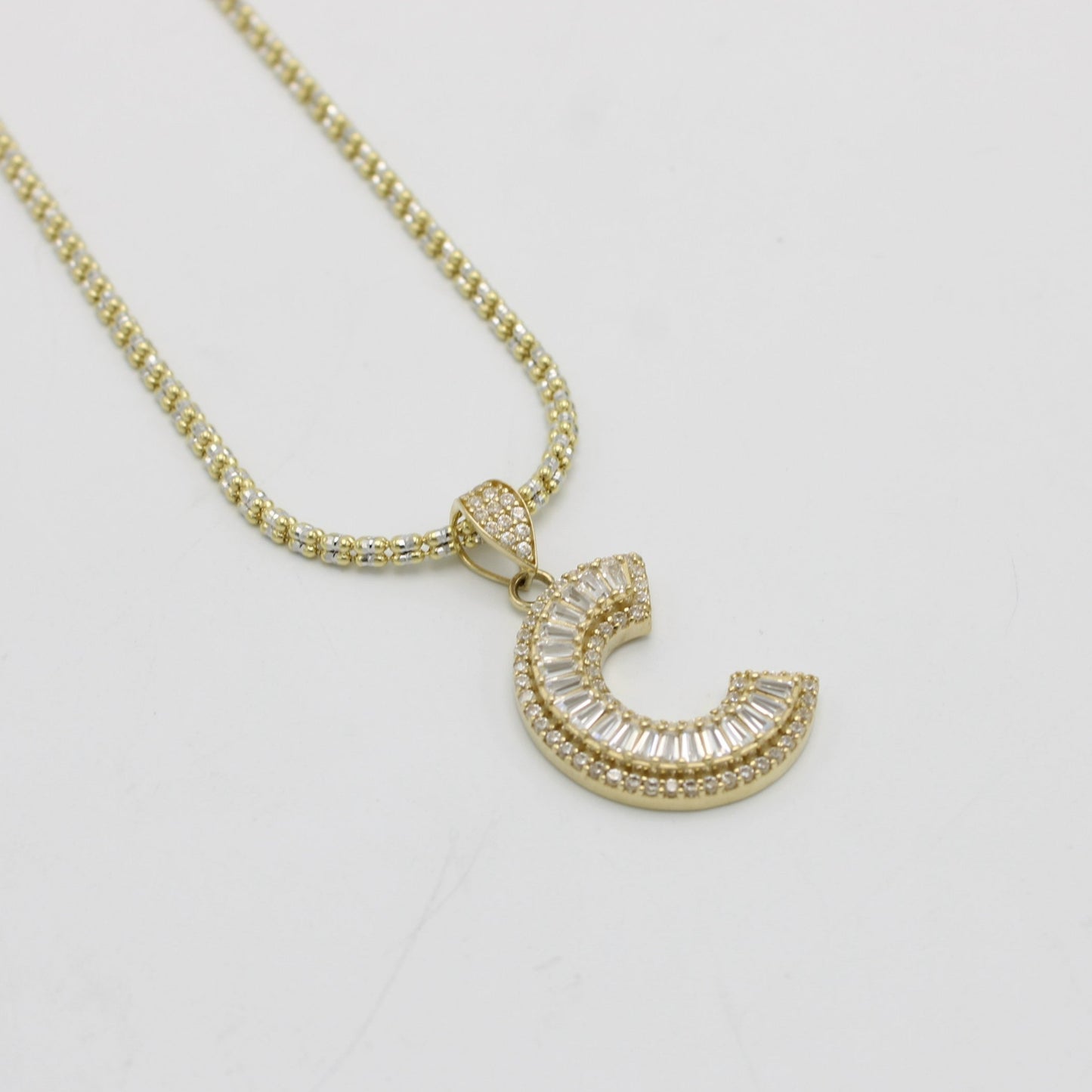 14K Initial Name (C) Cz Stones/Baguette With Ice Chain Yellow Gold