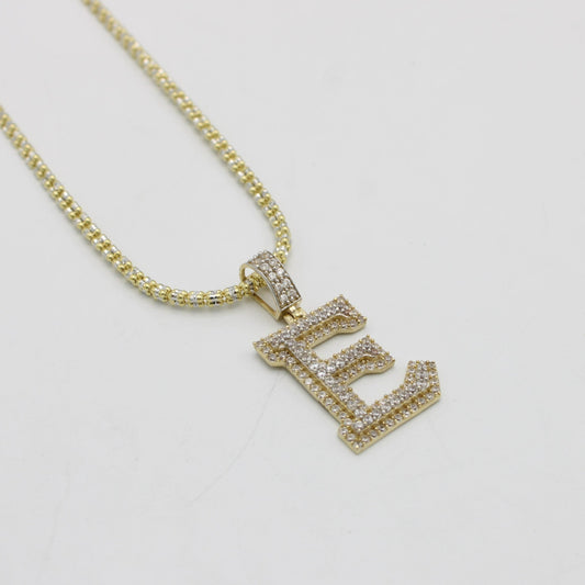 14K Initial Name (E) Cz Stones With Ice Chain Yellow Gold