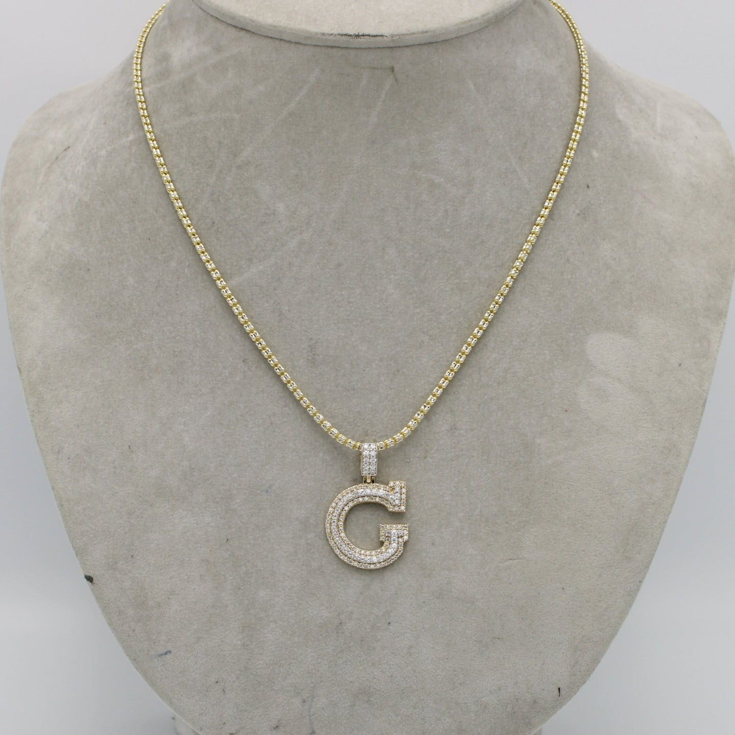 14K Initial Name (G) Cz Stones With Ice Chain Yellow Gold