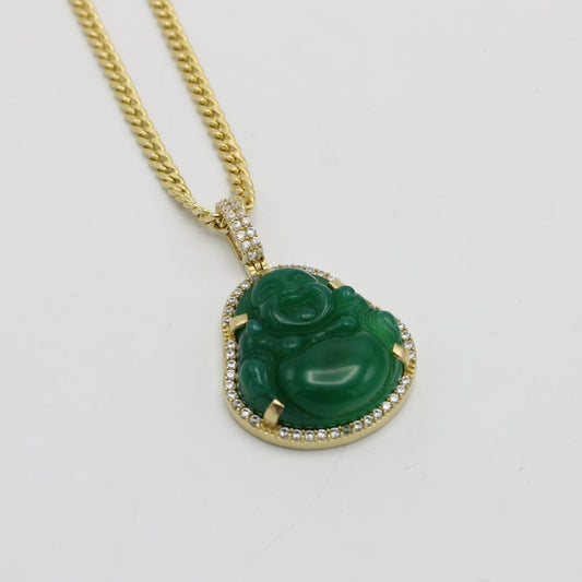 14K Buda (Green Jade) Pendant Cz Stones With Miami CubanChain Yellow Gold