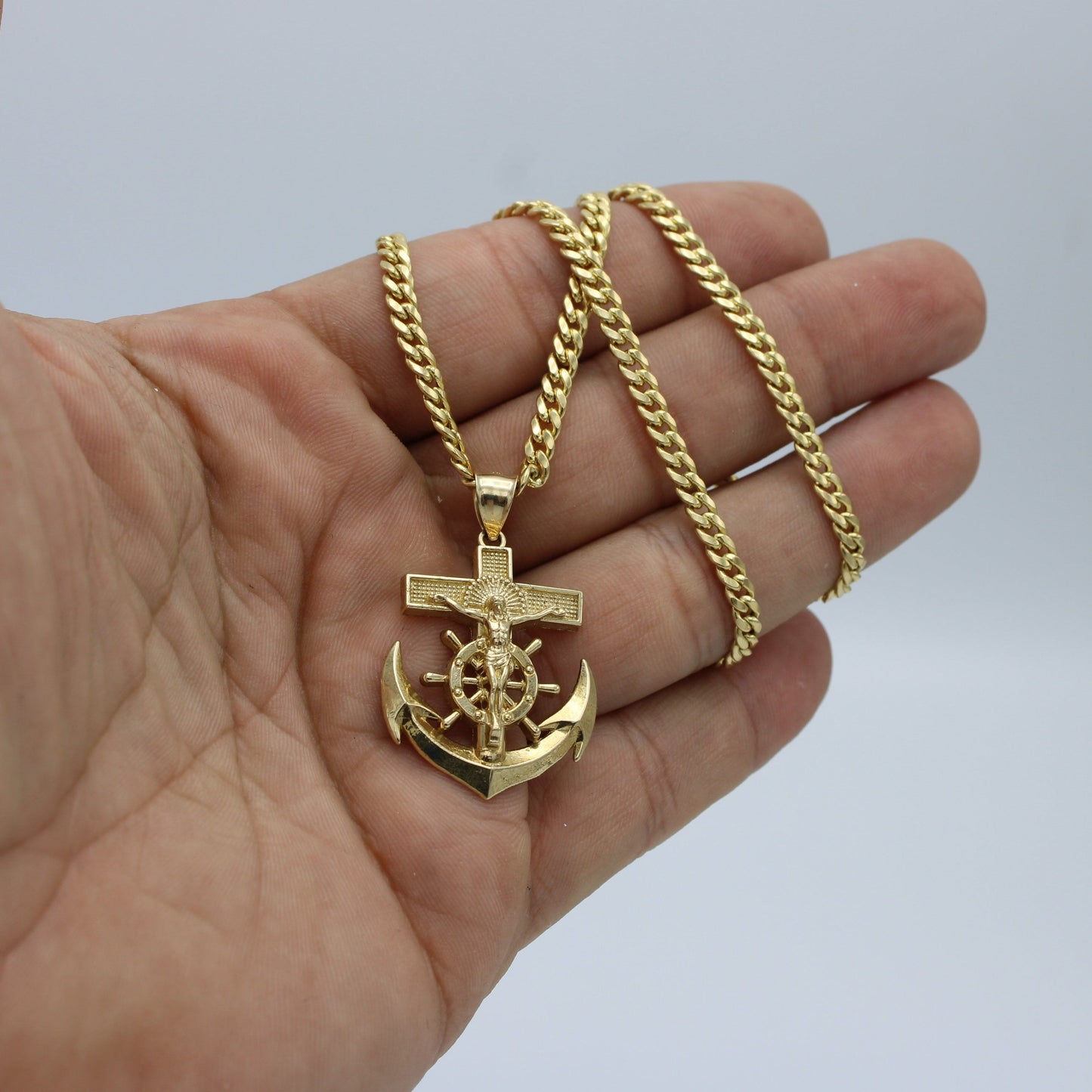 14K Anchor Pendant With Miami CubanChain Yellow Gold