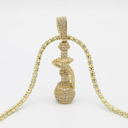 14K Hookah Pendant Cz Stones With Ice Chain Yellow Gold